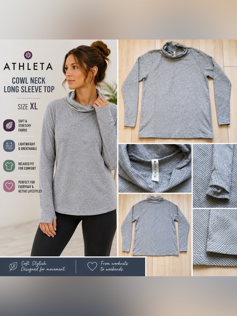 Athleta Gray Textured Cowl Neck Long Sleeve Top XL Soft Stretch Athleisure